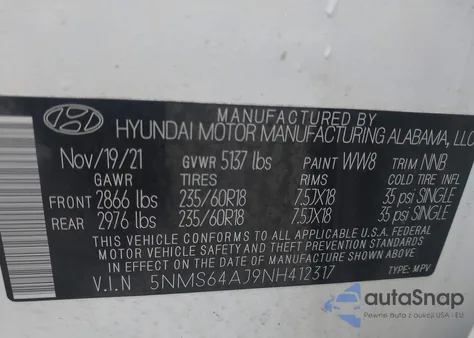 2022 Hyundai Santa Fe Sel z USA, uszkodzony, nr VIN 5NMS64AJ9NH412317